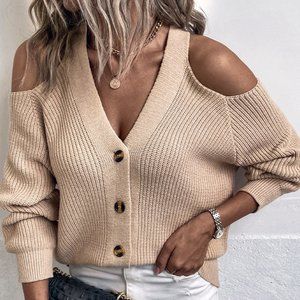 Cold Shoulder Plunge Neck Ribbed Cardigan